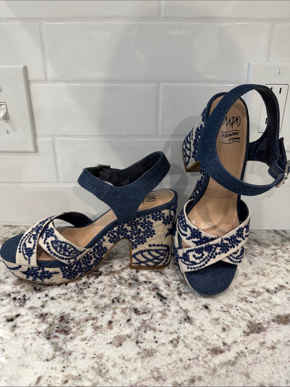 Impo Navy Blue and Cream Embroidered Platform Sandals